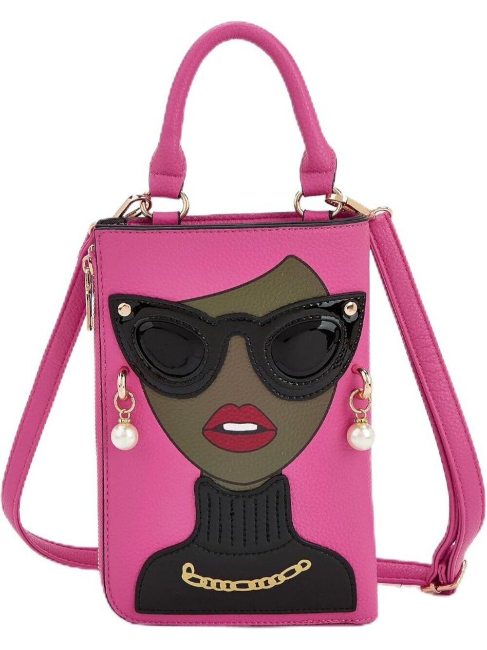 Women PinkCoffee Novelty Lady Face PU Leather Shoulder Bag Handle Satchel Clutch